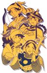  4boys armor bow_(weapon) bowl brothers chagatai_(tenmaku_no_jaadugar) commentary_request crossed_arms fur-trimmed_robe fur_trim hat hat_feather highres holding holding_bow_(weapon) holding_bowl holding_sword holding_weapon jochi_(tenmaku_no_jaadugar) keisodo lamellar_armor multiple_boys ogedei_(tenmaku_no_jaadugar) pauldrons qingdai_guanmao robe shoulder_armor siblings sword tenmaku_no_jaadugar tolui_(tenmaku_no_jaadugar) weapon yellow_theme 