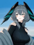  1girl aqua_eyes aqua_wings arknights black_sweater black_wings blue_background breasts clothing_cutout commentary feathered_wings gradient_background grey_hair hair_between_eyes head_wings highres ho'olheyak_(arknights) impossible_clothes impossible_sweater large_breasts looking_to_the_side medium_hair one-hour_drawing_challenge parted_lips ribbed_sweater shoulder_cutout sideways_glance solo sweater turbidpeachzz two-tone_feathers upper_body white_background wings 
