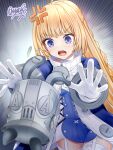  1girl ahoge anger_vein bangboo_(zenless_zone_zero) blonde_hair blue_jacket blush commentary_request emphasis_lines gloves grey_hat hands_up hat highres jacket long_hair norma_hollowell nyabe open_mouth outstretched_arms purple_eyes running thighhighs very_long_hair white_gloves white_thighhighs zenless_zone_zero 