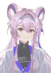  1girl animal_ears arknights black_undershirt commentary dated dl_fengyu earclip earrings flower_earrings flower_hairband hair_between_eyes hair_intakes hairband highres jewelry lin_(arknights) lin_(heavenly_mirage)_(arknights) long_hair looking_at_viewer mandarin_collar mouse_ears mouse_girl official_alternate_costume pink_eyes pink_hair plunging_neckline shirt signature simple_background smile solo straight-on upper_body white_background white_hairband white_shirt 