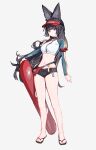  1girl absurdres animal_ear_fluff animal_ears black_hair black_panties blunt_bangs blush breasts full_body highres hime_cut hoshimi_miyabi legs lifeguard long_hair looking_at_viewer medium_breasts midriff monoco55 navel panties parted_lips red_eyes sandals sidelocks simple_background solo thighs underwear unfinished very_long_hair visor_cap whistle whistle_around_neck white_background zenless_zone_zero 