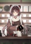  1girl :3 absurdres animal_ears animal_hair_ornament apron belt_collar black_collar bow brown_hair brown_kimono cine_(wazd0183) clock closed_mouth coffee_pot collar commentary cup flower hair_flower hair_ornament highres holding holding_coffee_pot indoors inui_toko inui_toko_(1st_costume) japanese_clothes kimono long_hair long_sleeves maid maid_headdress mug nijisanji plant potted_plant red_bow red_ribbon ribbon smile solo twintails untranslatable_commentary virtual_youtuber wa_maid white_apron wide_sleeves 