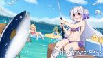  3girls absurdres azur_lane bikini bird blastose1 blonde_hair blue_bikini blue_sky breasts cloud comet_(azur_lane) commentary crescent_(azur_lane) cygnet_(azur_lane) cygnet_(sea_star_on_shore)_(azur_lane) fish fishing_rod green_hair hair_ornament highres long_hair manjuu_(azur_lane) multiple_girls ocean purple_bikini red_bikini red_eyes seagull sky swimsuit twintails white_hair 