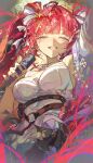  1girl absurdres ahoge akane_lize akane_lize_(ovt.) belt black_belt black_skirt blonde_hair bow breasts camisole closed_eyes cocoballking commentary_request cowboy_shot crying facing_viewer hair_bow highres holding holding_microphone korean_commentary large_breasts microphone multicolored_hair open_mouth red_hair skirt solo sparkle_hair_ornament stellive streaked_hair teeth twintails two-tone_hair upper_teeth_only virtual_youtuber white_bow white_camisole 