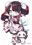  1girl :o apron aqua_eyes bamboo black_hair bun_cover chibi chibi_only commentary_request copyright_name copyright_notice dress frilled_apron frills full_body kaga_nazuna kaga_nazuna_(7th_costume) leg_up leg_warmers misumi_(macaroni) official_alternate_costume official_alternate_hairstyle official_art panda paw_print shoes solo v-shaped_eyebrows virtual_youtuber vspo! white_apron white_background white_dress white_leg_warmers white_shoes 