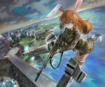  1girl animal_ears blue_eyes charlotte_e._yeager commentary flying green_jacket gun holding holding_weapon jacket light_machine_gun long_hair looking_at_viewer m1918_bar machine_gun military_uniform no_pants ocean orange_hair outdoors rabbit_ears rabbit_girl rabbit_tail shirt smile solo strike_witches striker_unit tail visqi water weapon weapon_request white_shirt world_witches_series 