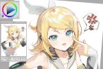  1girl :p akanbe anger_vein art_program_in_frame art_program_request bare_shoulders black_sailor_collar blonde_hair blue_eyes bow color_wheel detached_sleeves eyelid_pull finger_to_eye hair_ornament hand_up headset highres kagamine_rin kagamine_rin_(nt) light_blush looking_at_viewer makka_potato microphone midriff multiple_views navel piapro_studio sailor_collar screenshot short_hair speech_bubble spoken_anger_vein standing tareme tongue tongue_out unfinished user_interface vocaloid yellow_bow yellow_nails 