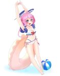  1girl absurdres ahoge alternate_costume arms_up ball beachball bikini braid breasts commentary_request frilled_bikini frills full_body headgear highres innertube kantai_collection long_hair multi-strapped_bikini_bottom nenohi_(kancolle) pink_hair purple_eyes rea_mw side-tie_bikini_bottom simple_background single_braid smile solo stretching swim_ring swimsuit white_background white_bikini 
