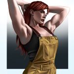  1girl abella_(fear_&amp;_hunger) armpits arms_behind_head bare_arms black_tank_top border commentary english_commentary fear_&amp;_hunger_(series) fear_&amp;_hunger_2:_termina gradient_background green_eyes highres lips long_hair magna_lucis outside_border overalls red_hair solo tank_top upper_body white_border yellow_overalls 