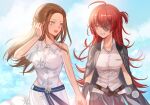  2girls adjusting_hair ahoge asami_makiko_(heaven_burns_red) black_gloves blue_eyes bracelet breasts brown_hair commentary eyepatch floating_hair gloves grin hair_ornament hairclip heaven_burns_red highres holding_hands jacket jewelry kr_woyue long_hair looking_at_another multiple_girls ooshima_niina open_clothes open_jacket open_mouth red_hair shirt sleeveless sleeveless_shirt smile untranslatable_commentary white_shirt yellow_eyes yuri 
