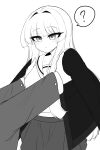  1girl 1other ? absurdres armpit_carry black_survival blunt_bangs blush breasts cardigan closed_mouth commentary_request cowboy_shot eternal_return:_black_survival geah greyscale highres korean_commentary lifting_person long_hair medium_breasts monochrome open_cardigan open_clothes rio_(black_survival) shirt simple_background skirt solo_focus spoken_question_mark white_background 