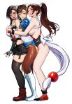  3girls absurdres armpit_crease bare_legs bare_shoulders black_gloves black_hair black_skirt black_socks black_thighhighs blue_dress blush boots bracelet breasts brown_eyes brown_hair brown_pantyhose bun_cover china_dress chinese_clothes chun-li commentary crop_top crossover double_bun dress earrings elbow_gloves elbow_pads eyelashes fatal_fury final_fantasy final_fantasy_vii final_fantasy_vii_remake fingerless_gloves from_side full_body gloves grabbing_another's_breast grabbing_from_behind groping hair_bun high_ponytail highres hug hug_from_behind japanese_clothes jewelry large_breasts licking_lips lineup long_hair looking_at_another looking_at_viewer looking_back midriff miniskirt motoyui multiple_crossover multiple_girls ninja open_mouth pantyhose parted_lips pelvic_curtain ponytail puffy_short_sleeves puffy_sleeves red_boots red_eyes revealing_clothes rope sash shiranui_mai short_sleeves sideboob single_elbow_pad skirt snk socks spiked_bracelet spikes standing street_fighter street_fighter_6 street_fighter_ii_(series) suspender_skirt suspenders sweat sweatdrop tank_top teardrop_earrings thighhighs thighs tifa_lockhart tongue tongue_out white_background white_boots white_sash white_tank_top wrist_guards yuri zettai_ryouiki zuyu_(zuyuzuyu6) 