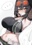  ... 1girl absurdres armpits arms_up asymmetrical_gloves bed black_hair black_sports_bra blush breasts crop_top gician_l gloves goggles goggles_on_head grace_howard highres large_breasts looking_at_another lying midriff mismatched_gloves navel on_back on_bed orange_eyes solo spoken_ellipsis sports_bra stomach zenless_zone_zero zipper_top 