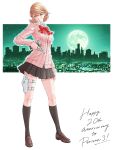  1girl absurdres anniversary arm_at_side black_skirt black_socks blush bow bowtie breasts brown_eyes brown_hair brown_shoes cardigan choker city_lights cityscape closed_mouth collar commentary_request earrings english_commentary english_text evoker flipped_hair full_body full_moon gekkoukan_high_school_uniform green_sky gun handgun heart heart_choker highres holding holding_gun holding_weapon holster jewelry kneehighs knees loafers long_sleeves looking_at_viewer medium_breasts medium_hair miniskirt mixed-language_commentary momo_oddeye moon night persona persona_3 pink_cardigan pleated_skirt red_bow red_bowtie ribbed_cardigan school_uniform serious shirt shoes short_hair skirt sky slim_legs socks solo standing stud_earrings takeba_yukari thigh_holster weapon white_choker white_collar white_shirt wing_collar 