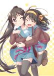  2girls :d black_thighhighs blue_sailor_collar blue_skirt blush brown_cardigan brown_hair brown_shoes cardigan closed_eyes closed_mouth commentary_request genderswap genderswap_(mtf) genderswap_on_non-genderswap hair_ribbon hairband half-closed_eyes happy heart hug hug_from_behind kita_high_school_uniform kyonko long_hair long_sleeves looking_at_another multiple_girls neck_ribbon one_eye_closed open_cardigan open_clothes open_mouth ponytail red_ribbon ribbon sailor_collar school_uniform serafuku shoes short_hair skirt smile standing suzumiya_haruhi suzumiya_haruhi_no_yuuutsu taiki_(6240taiki) thighhighs very_long_hair winter_uniform yellow_ribbon yuri zettai_ryouiki 