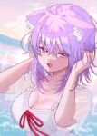  1girl ahoge animal_ear_fluff animal_ears blush breasts cat_ears cat_girl cleavage collarbone commentary_request day dress gong_xu_yamii hair_between_eyes highres hololive large_breasts looking_at_viewer nekomata_okayu outdoors purple_eyes purple_hair see-through_clothes see-through_sleeves short_sleeves smile solo upper_body virtual_youtuber white_dress 