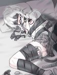  1boy absurdres anal_beads ass ball_gag bdsm bed_sheet bell belt_collar black_collar blindfold blush bondage bound bound_arms bound_legs collar collarbone collared_shirt commentary_request controller crossdressing crossdressing_(mtf) dokomilk double-parted_bangs ear_piercing egg_vibrator full_body gag grey_hair grey_skirt grey_socks hair_between_eyes highres jingle_bell lying male_focus medium_hair miniskirt neck_bell nipple_stimulation nipple_suction_cups nipples on_bed on_side open_clothes open_shirt original panties piercing pillow plaid_clothes plaid_skirt pleated_skirt puffy_chest remote_control remote_control_vibrator sex_toy shirt sidelocks skirt socks solo tape tape_bondage taped_hands textless_version thighs trap underwear vibrator white_panties white_shirt wiffle_gag 