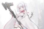  1girl animal_ears armor armored_collar bare_shoulders bow bright_background buckle cleavage_cutout clothing_cutout collar colored_inner_hair cyber_fashion dog_ears dog_girl dog_tail dress gram_pico gun hair_bow hair_ribbon hammer head_tilt holding holding_gun holding_hammer holding_weapon long_hair looking_at_viewer mechanical_wings merchandise_available multicolored_hair off-shoulder_robe official_art oota_youjo open_mouth paw_print_ornament phase_connect pink_bow pink_collar pink_eyes pink_hair pink_ribbon ribbon robe science_fiction second-party_source short_dress short_twintails sidelocks single_arm_guard sleeveless sleeveless_dress snap-fit_buckle solo tail thigh_strap twintails virtual_youtuber war_hammer weapon white_dress white_hair white_robe white_tail wide_sleeves wings 