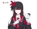  1girl animal animalization armband black_capelet black_hair black_shirt capelet collared_shirt commentary_request crown flower gloves hair_flower hair_ornament holding holding_animal livestream long_hair long_sleeves looking_at_viewer mahou_shoujo_no_majo_saiban mini_crown necktie nikaido_hiro red_armband red_eyes red_flower red_necktie sakuraba_ema shirt side_capelet simple_background solo straight-on touming_jun upper_body white_background white_gloves white_shirt 