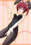  animal_ears aria. bunny_ears bunnysuit fang highres noble_works one_eye_closed pantyhose red_eyes red_hair sanjou_makoto short_hair side_ponytail wrist_cuffs 