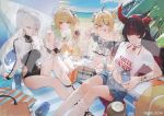  4girls ahoge asymmetrical_horns beach black_hair black_one-piece_swimsuit blonde_hair breasts broken_horn brown_eyes brown_hair can character_request coconut coconut_cup commentary_request copyright_request drink drink_can fruit_as_cup gradient_hair green_sailor_collar grey_eyes grey_hair hair_between_eyes hair_ornament holding holding_can holding_drink holding_ice_cream_cone horns ice_cream_cone jewelry korean_commentary long_hair medium_hair modare multicolored_hair multiple_girls neckerchief necklace one-piece_swimsuit open_mouth outdoors pleated_skirt red_eyes red_hair sailor_collar sample_watermark sandals sitting skirt skull_hair_ornament sky swimsuit thigh_strap two-tone_hair umbrella watermark white_skirt yellow_neckerchief 