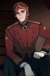  1boy aqua_eyes bellhop_uniform black_pants blush buttons closed_mouth coat deadlock_(game) doorman_(deadlock) freckles gloves hat hexermer highres long_sleeves looking_to_the_side male_focus orange_hair pants red_coat red_hat sideways_glance sitting sitting_on_stairs sleeve_cuffs smile solo stairs tailcoat thick_eyebrows white_gloves 