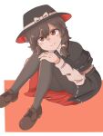  1girl asymmetrical_sidelocks black_capelet black_hat black_skirt bow brown_eyes brown_hair brown_shoes capelet collared_shirt commentary full_body hair_ribbon hat hat_bow highres hugging_own_legs long_sleeves looking_at_viewer medium_hair pantyhose red_hat red_skirt ribbon ribbon-trimmed_capelet ribbon-trimmed_skirt ribbon_trim sannkannshion shirt shoelaces shoes sidelocks sitting skirt smile solo touhou two-sided_fabric two-sided_headwear two-sided_skirt usami_renko white_background white_bow white_ribbon white_shirt 