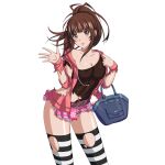  1girl :o bag belt blue_bag blush breasts brown_belt brown_eyes brown_hair brown_shirt buckle cleavage collarbone contrapposto drawstring feet_out_of_frame floral_print floral_print_skirt game_asset handbag hands_up heart heart-shaped_buckle high_ponytail holding holding_bag ikkitousen ikkitousen_extra_burst jacket large_breasts leaning_forward long_hair long_sleeves midriff_peek navel non-web_source official_art open_clothes open_jacket open_mouth pink_jacket pink_skirt ponytail print_skirt self-datamine shirt sidelocks simple_background single_bare_shoulder single_off_shoulder skirt solo striped_clothes striped_thighhighs thighhighs torn_clothes torn_jacket torn_shirt torn_skirt torn_thighhighs transparent_background yagyu_mitsuyoshi_(ikkitousen) zettai_ryouiki 