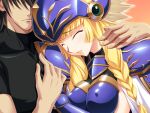  1boy 1girl armor black_hair blonde_hair braid breasts closed_eyes closed_mouth covered_nipples faceless faceless_male game_asset gold_trim hand_on_another's_chest hand_on_another's_shoulder helmet hetero himekishi_olivia hug large_breasts long_hair lune_(himekishi_olivia) non-web_source official_art pauldrons self-datamine shoulder_armor twin_braids urotake_wakuto valkyrie variant_set visual_novel_cg winged_helmet 