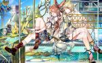  1other 3girls absurdres amiya_(arknights) animal_ear_fluff animal_ears arknights black_shorts blue_eyes boots brown_boots brown_hair closed_eyes commentary commission doctor_(arknights) fishing fishing_rod hair_between_eyes highres holding holding_fishing_rod kal'tsit_(arknights) long_hair miaa_owo multiple_girls open_mouth rabbit_ears rabbit_girl rosmontis_(arknights) shorts 