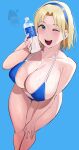  2girls bikini blonde_girl_(okpriko) blonde_hair blue_background blue_bikini blue_eyes blue_hairband blush bottle breasts commentary hairband highres holding holding_bottle large_breasts looking_at_viewer multiple_girls okpriko one_eye_closed original short_hair swimsuit teeth thai_girl_(okpriko) tongue untranslatable_commentary upper_teeth_only water_bottle wet 