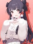  1girl :d black_hair blunt_bangs blunt_ends blush bow bow_earrings brown_eyes cardigan commentary_request dot_nose earrings eyelashes eyes_visible_through_hair finger_to_mouth fingernails fluffy_clothes hair_rings hands_up highres idolmaster idolmaster_shiny_colors interlocked_fingers jewelry long_hair long_sleeves looking_at_viewer mayuzumi_fuyuko open_mouth own_hands_together pink_nails pom_pom_(clothes) pom_pom_earrings red_background red_bow shadow shigure_ui side_up_ring sidelocks sideways_glance signature skirt sleeves_past_wrists smile solo two_side_up white_bow white_cardigan white_skirt 