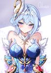  1girl absurdres arm_at_side bare_shoulders blue_gem blue_hair blush breasts character_name cleavage closed_mouth commentary_request gem genshin_impact hair_between_eyes hair_ornament heart_ornament highres large_breasts making-of_available odette_(genshin_impact) purple_eyes red_gem solo strapless upper_body yeni1871 