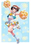  1girl :d black_hair blue_eyes breasts cheerleader commentary_request crop_top full_body highres holding holding_pom_poms hololive kneehighs looking_at_viewer medium_breasts midriff miniskirt navel one_side_up oozora_subaru open_mouth outstretched_arms pleated_skirt pom_pom_(cheerleading) shirt shoes short_hair skirt sleeveless sleeveless_shirt smile sneakers socks solo swept_bangs tooo88 vest virtual_youtuber visor_cap white_vest 