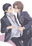  2boys black_hair black_jacket black_pants black_ribbon brown_eyes brown_hair closed_mouth commentary_request dress_shirt face-to-face hair_slicked_back hiraga_keisuke isa_(peien516) jacket male_focus multiple_boys neck_ribbon odagiri_hidetoshi open_clothes open_jacket pants partially_unbuttoned persona persona_3 ribbon shirt short_hair simple_background sitting undone_neck_ribbon white_background white_shirt 