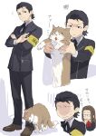  1boy 1girl animal black_eyes black_hair black_jacket black_pants black_ribbon brown_shoes cat closed_mouth commentary_request crossed_arms dress_shirt fushimi_chihiro hair_slicked_back holding holding_animal holding_cat isa_(peien516) jacket male_focus multiple_views neck_ribbon odagiri_hidetoshi pants persona persona_3 ribbon shirt shoes short_hair squiggle standing translation_request white_shirt 
