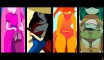  4girls absurdres adventure_time ass ass_focus ass_visible_through_thighs axe breasts colored_skin denim dress elbow_gloves fangs fiery_hair flame_princess from_behind garter_straps gloves green_skin hat highres huntress_wizard inker_comics jeans long_hair marceline_abadeer medium_breasts multiple_girls orange_skin panties pants pink_dress pink_garter_straps pink_hair pink_panties pink_thighhighs plant_hair princess_bonnibel_bubblegum red_panties simple_background thick_thighs thighhighs thighs tongue tongue_out underwear vampire very_long_hair yellow_gloves 