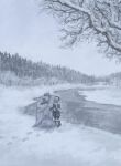  1boy 1girl anastasya_feodorovna_snezhnaya bare_tree blonde_hair blue_gloves blue_jacket blue_pants boots braid braided_bun branch brown_boots brown_hat buttons cape child commentary day english_commentary footprints forest from_behind full_body fur-trimmed_boots fur-trimmed_cape fur-trimmed_headwear fur_trim genshin_impact gloves grey_eyes grey_hair hair_between_eyes hair_bun hands_up hat highres holding_hands hood hooded_cape jacket kokoshnik long_sleeves looking_at_another mother_and_child mother_and_son nature open_mouth outdoors pants parent_and_child pine_tree pointy_ears river short_hair short_hair_with_long_locks sidelocks sitting sky smile snow snowing standing tree ushanka wavy_hair white_cape white_sky winter yoruli_e 