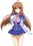  1girl 2000s_(style) ahoge blue_capelet blue_shirt blue_skirt breasts brown_eyes brown_hair capelet closed_mouth framed_breasts game_asset gloves hand_on_own_chest large_variant_set light_smile long_hair looking_at_viewer mahou_senshi_(series) mahou_senshi_symphonic_knights medium_breasts miniskirt necktie non-web_source official_art pink_necktie pleated_skirt saitou_natsuki self-datamine shirt simple_background skirt solo standing tachi-e thigh_gap transparent_background underbust variant_set white_gloves yurise_ririna 
