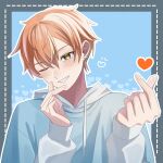  1boy bad_id bad_twitter_id blonde_hair drawstring earrings finger_heart fingernails grin hair_between_eyes hands_up heart highres hood hood_down hoodie jewelry long_sleeves looking_at_another male_focus multicolored_hair one_eye_closed orange_eyes orange_hair outline project_sekai shinonome_akito short_hair smile solo streaked_hair stud_earrings two-tone_hair upper_body white_outline yk62 