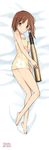  bangs bare_legs barefoot bed_sheet blush bob_cut brown_eyes brown_hair copyright_name dakimakura feet floral_print full_body girls_und_panzer highres looking_at_viewer lying naked_towel nishizumi_miho official_art on_side shimada_fumikane short_hair solo tank_shell towel wet wet_hair white_background 