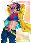  1girl absurdres arialla_draws arms_up belt black_hair blowing_bubble_gum blue_jacket blue_pants blue_shirt breasts character_name chewing_gum commentary crop_top earrings english_commentary eyewear_on_head highres jacket jewelry jubilee marvel marvel_rivals medium_breasts midriff navel pants pink-tinted_eyewear pink_shirt shirt short_hair solo tinted_eyewear two-sided_fabric two-sided_jacket two-tone_shirt x-men yellow_belt yellow_eyes yellow_jacket 