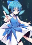  blue_eyes blue_hair bow cirno dress hair_bow ice ice_wings looking_at_viewer ribbon short_hair short_sleeves smile solo toufukin touhou wings 