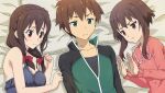  1boy 2girls :t anime_coloring bare_shoulders black_jacket black_nightgown black_shirt blush bow braid breasts brown_hair cleavage closed_mouth crown_braid frilled_shirt_collar frilled_sleeves frills frown game_asset girl_sandwich green_eyes green_jacket hair_bow hands_up highres jacket jitome kono_subarashii_sekai_ni_shukufuku_wo! kono_subarashii_sekai_ni_shukufuku_wo!_kono_yokubukai_game_ni_shinpan_o! large_breasts long_sleeves looking_ahead looking_at_another looking_down low_twintails lying megumin multicolored_jacket multiple_girls nightgown non-web_source official_art on_back on_bed on_side open_hands pajamas partially_open_jacket pillow pink_pajamas pout puritan_collar raised_inner_eyebrows red_bow red_eyes sandwiched satou_kazuma self-datamine shirt short_hair short_hair_with_long_locks smile track_jacket twintails two-tone_jacket upper_body v-shaped_eyebrows variant_set yunyun_(konosuba) 