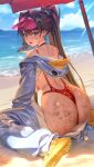  1girl absurdres animal_costume ass ass_focus back bare_shoulders beach blush breasts brown_eyes brown_hair choker commentary crocs earrings goddess_of_victory:_nikke highres huge_ass huge_breasts jewelry long_hair looking_at_viewer looking_back marciana_(marine_study)_(nikke) marciana_(nikke) off_shoulder open_mouth outdoors penguin_costume penguin_ornament pink_visor_cap ponytail red_slingshot_swimsuit ruhee shoes shore sitting slingshot_swimsuit solo swimsuit thighs underboob very_long_hair visor_cap wariza yellow_shoes 