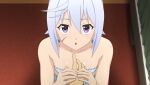  1boy 1girl anime_coloring bandeau blue_bandeau blue_shorts breasts chris_(konosuba) collarbone curtains diamond_earrings earrings frilled_bandeau frilled_shorts frills from_above game_asset grey_hair guiding_hand highres indoors jewelry kneeling kono_subarashii_sekai_ni_shukufuku_wo! kono_subarashii_sekai_ni_shukufuku_wo!_kono_yokubukai_game_ni_shinpan_o! looking_at_viewer looking_up non-web_source official_art open_mouth pov purple_eyes scar scar_on_cheek scar_on_face self-datamine short_hair shorts side_ahoge sleepwear small_breasts solo_focus triangle_mouth upper_body upwards_triangle_mouth variant_set 