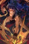  1girl artist_name bracelet breasts character_request diamond_(shape) explosion facial_mark fighting_stance floating_hair forehead_mark glowing glowing_eyes highres jewelry loincloth magic medium_breasts morry muscular muscular_female open_clothes open_vest original pelvic_curtain ponytail purple_hair red_eyes sharp_teeth smile teeth vest wristband 