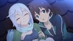  1boy 1girl anime_coloring black_jacket black_shirt blue_scarf brown_hair capelet chris_(konosuba) closed_eyes closed_mouth collarbone crop_top diamond_earrings dutch_angle earrings game_asset green_capelet green_eyes green_jacket grey_hair hand_on_another's_shoulder highres jacket jewelry kono_subarashii_sekai_ni_shukufuku_wo! kono_subarashii_sekai_ni_shukufuku_wo!_kono_yokubukai_game_ni_shinpan_o! looking_to_the_side looking_up multicolored_jacket night non-web_source official_art on_roof open_clothes open_jacket open_mouth outdoors satou_kazuma scar scar_on_cheek scar_on_face scarf self-datamine shirt short_hair side_ahoge sitting_on_roof smile thighhighs tile_roof track_suit triangle_mouth two-tone_jacket upper_body upwards_triangle_mouth variant_set white_thighhighs 