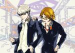  2boys absurdres brown_eyes brown_hair clenched_hand commentary_request gakuran glasses green_rar grey_eyes grey_hair hanamura_yousuke hand_in_pocket hand_on_another's_shoulder hand_on_own_hip headphones highres male_focus multiple_boys narukami_yu open_mouth persona persona_4 school_uniform shirt yasogami_school_uniform 