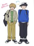  101_dwk 2boys :d arms_at_sides backpack backwards_hat bag belt black_belt black_hair black_pants black_shoes blue_shirt blush brown_hair buttons closed_eyes closed_mouth commentary_request cosplay costume_switch facing_viewer full_body ganbare!_nakamura-kun!! green_shirt hands_in_pockets hat highres hirose_aiki long_sleeves looking_at_viewer male_focus multiple_boys nakamura_okuto open_clothes open_mouth open_shirt pants shirt shoes short_hair shoulder_bag simple_background smile standing straight-on t-shirt twitter_username unbuttoned unbuttoned_shirt white_background 